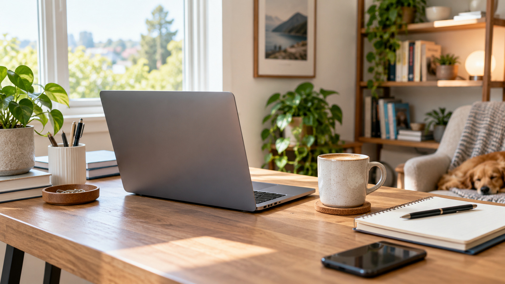Modern office workspace illustrating manage email for two businesses, with a laptop and organized desk area.