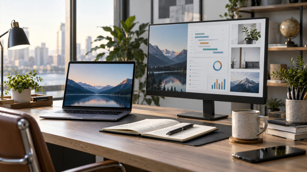 Modern office workspace illustrating multiple microsoft 365 tenants, with a laptop and organized desk area.
