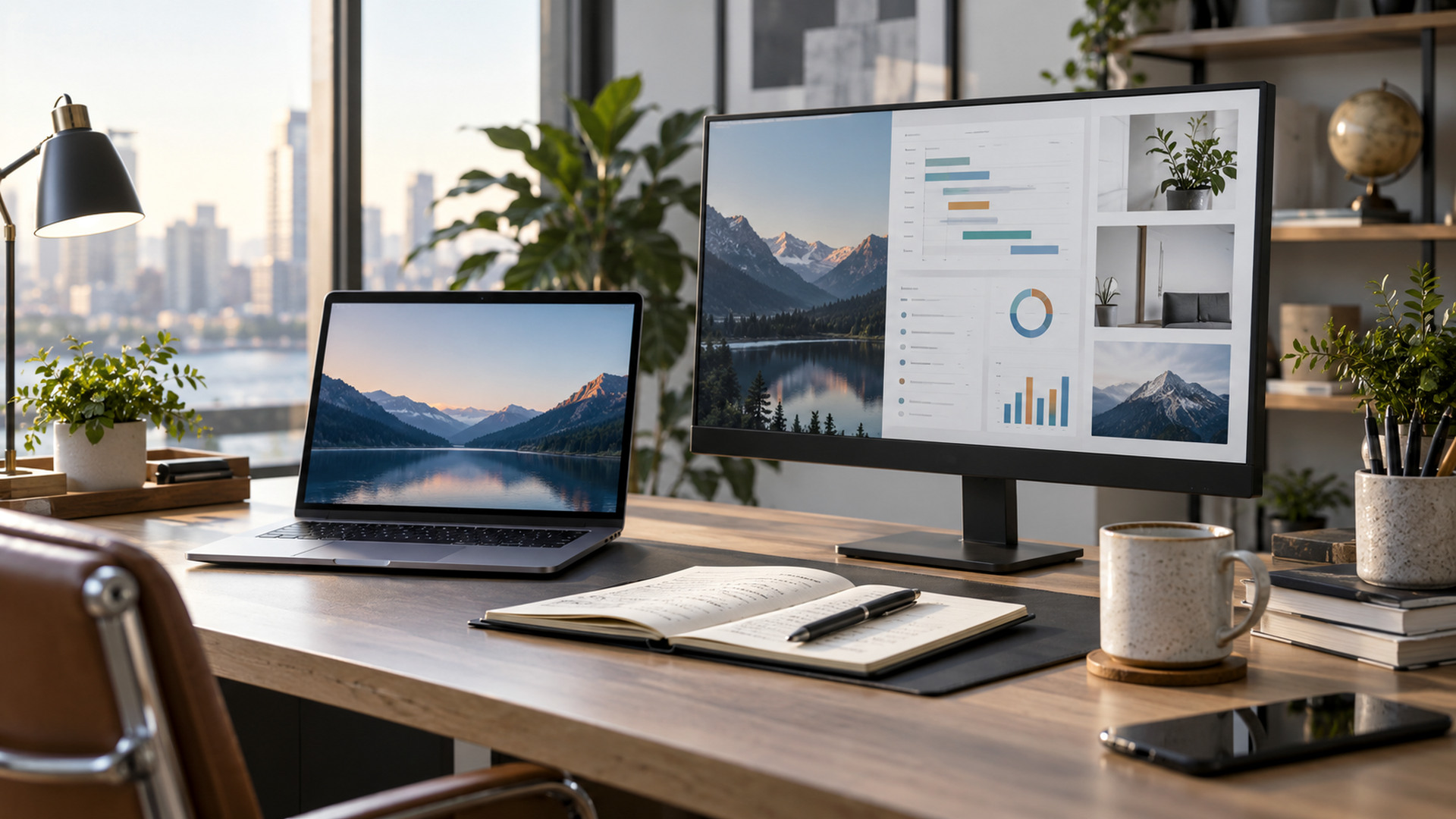 Modern office workspace illustrating multiple microsoft 365 tenants, with a laptop and organized desk area.
