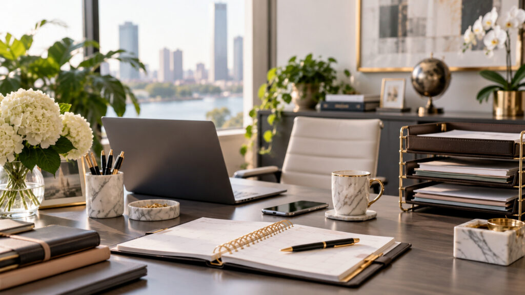 Modern office workspace illustrating separate personal and business email windows, with a laptop and organized desk area.