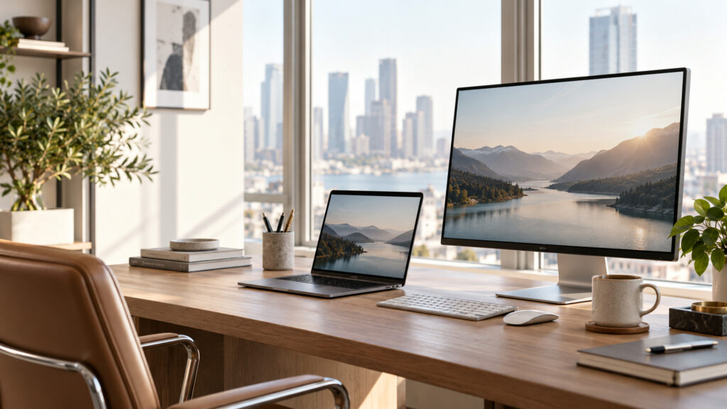 Modern office workspace illustrating separate inbox for each brand, with a laptop and organized desk area.
