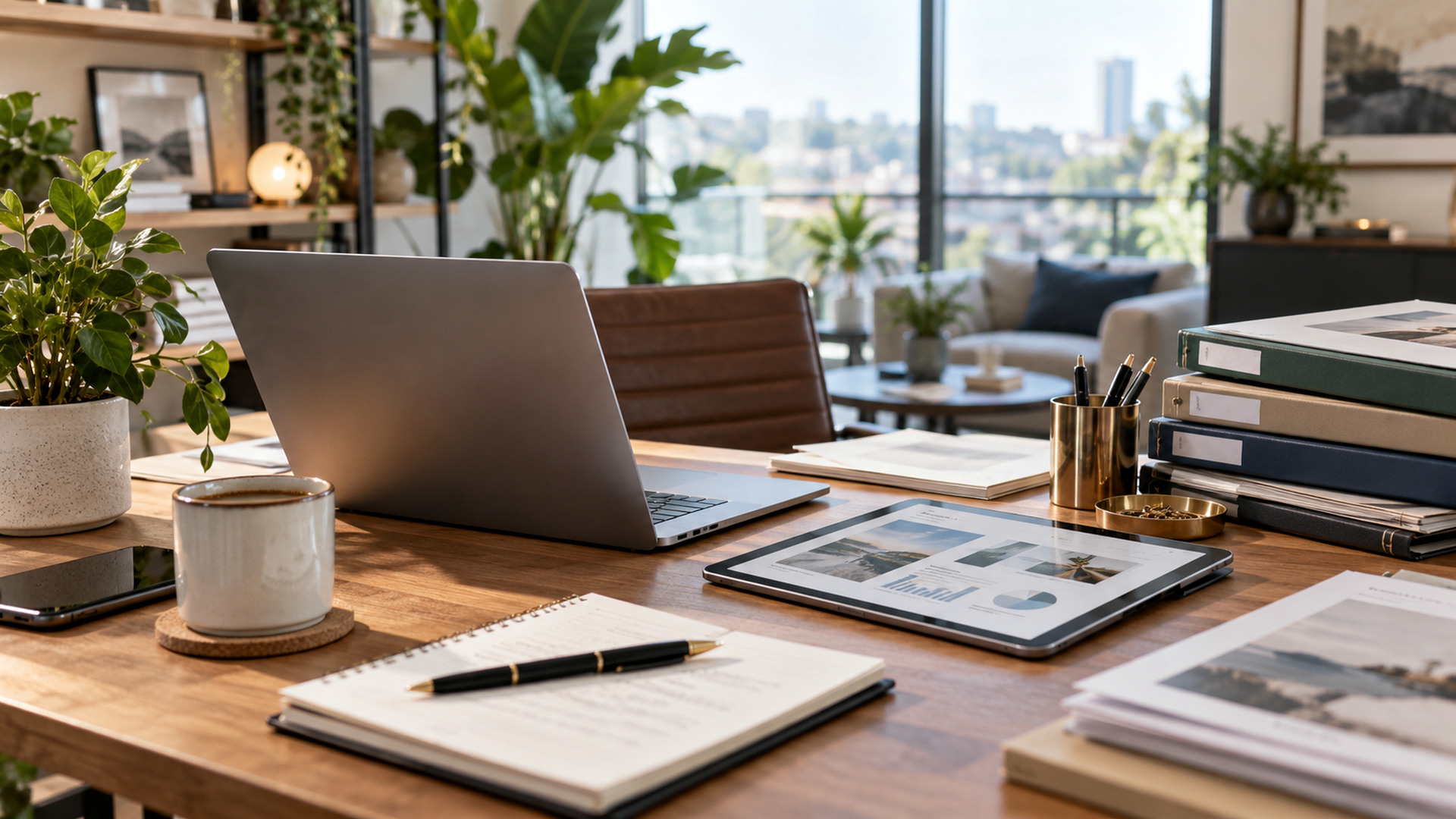 Modern office workspace illustrating consultant client email separation, with a laptop and organized desk area.