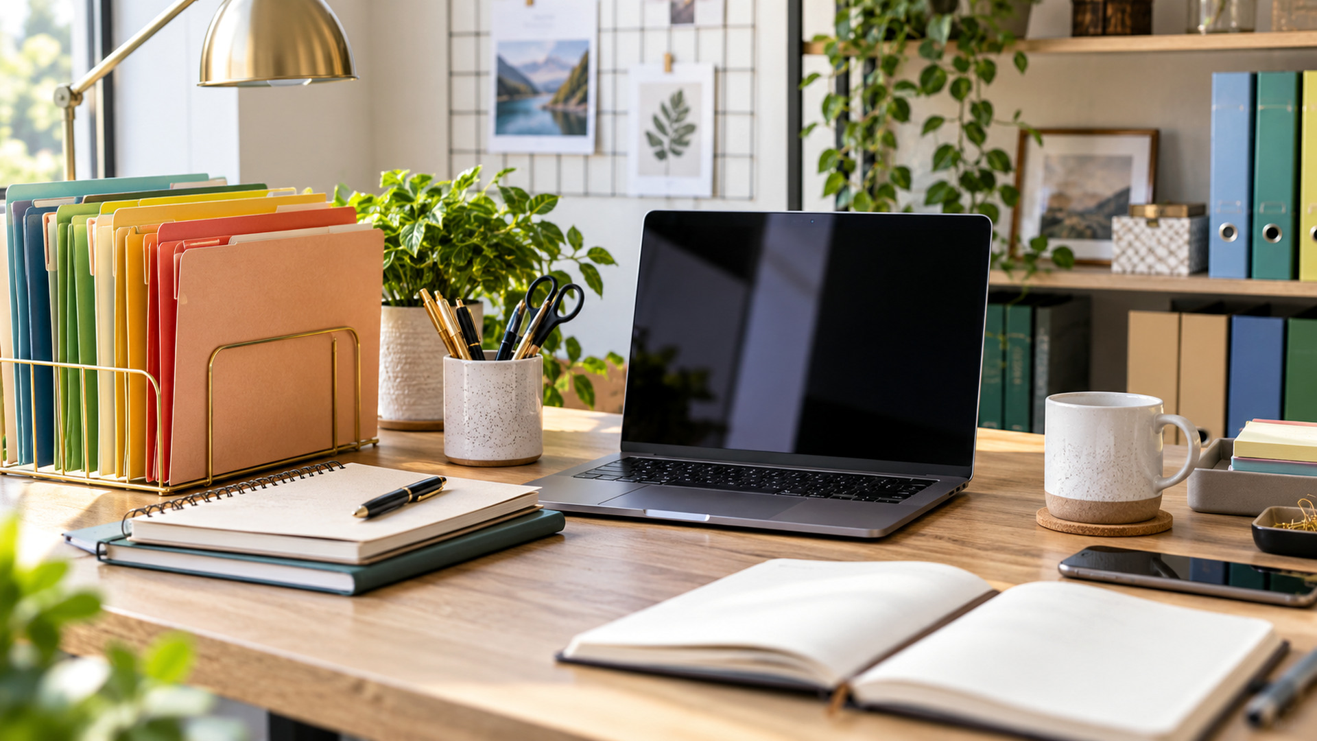 Modern office workspace illustrating chrome vs edge profiles multiple email accounts, with a laptop and organized desk area.