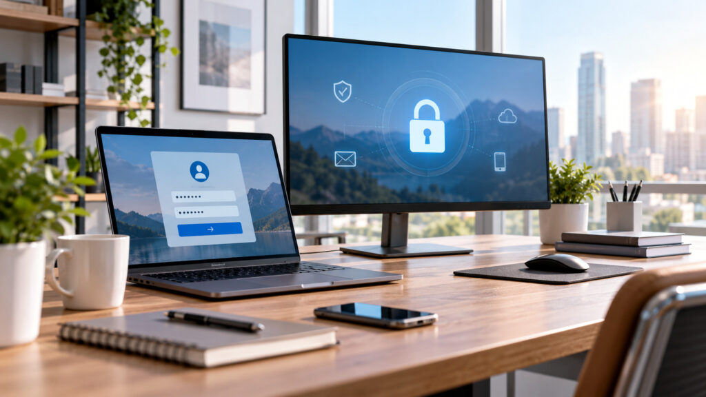 Modern office workspace illustrating one window email desk setup, with a laptop and organized desk area.