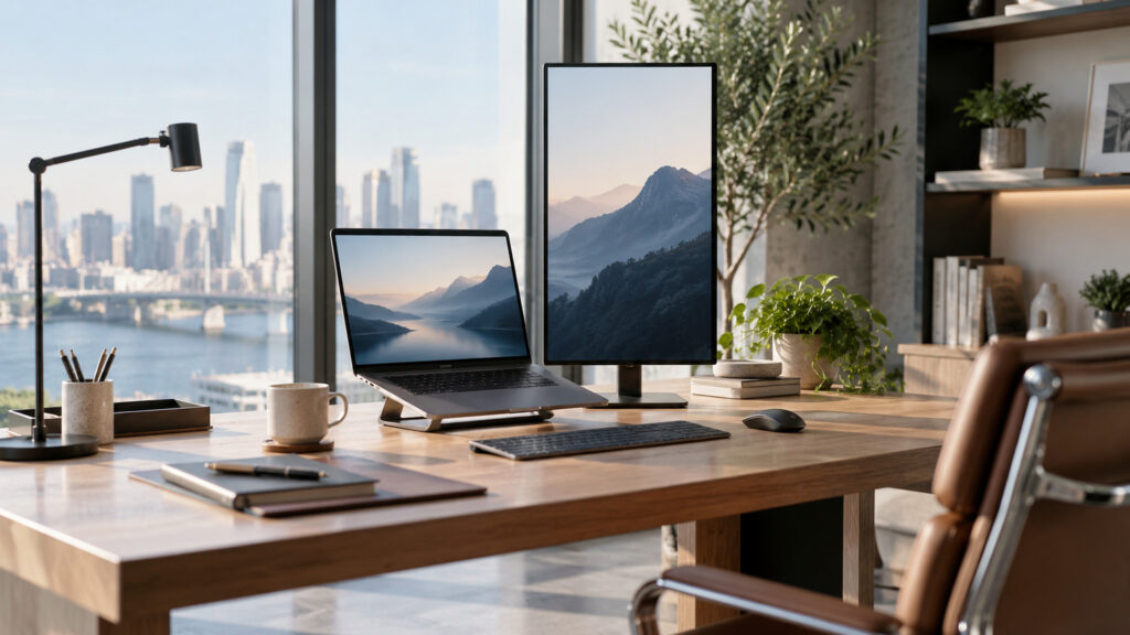 Modern office workspace illustrating founder multiple company email workflow, with a laptop and organized desk area.
