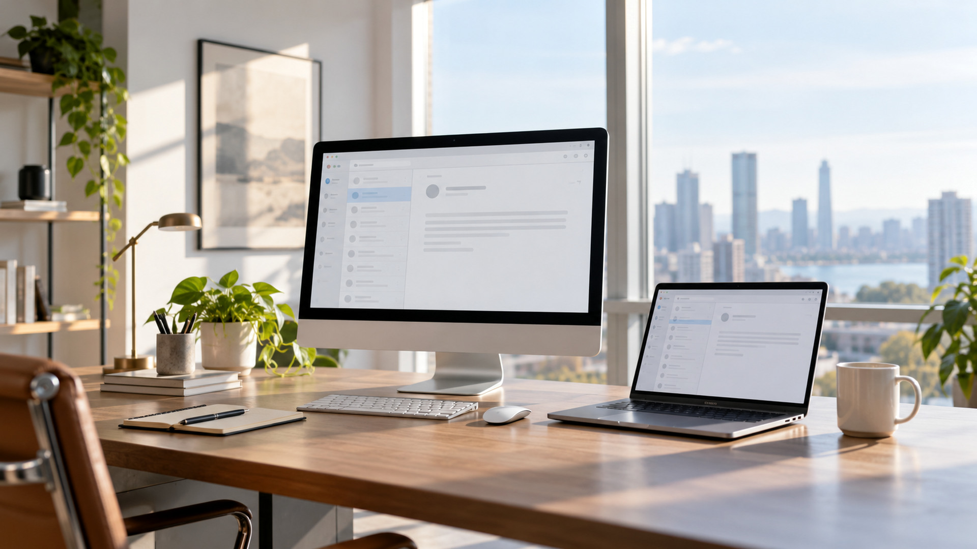 Modern office workspace illustrating email signatures for multiple brands, with a laptop and organized desk area.