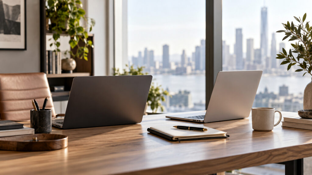 Modern office workspace illustrating calendar invitation wrong account, with a laptop and organized desk area.