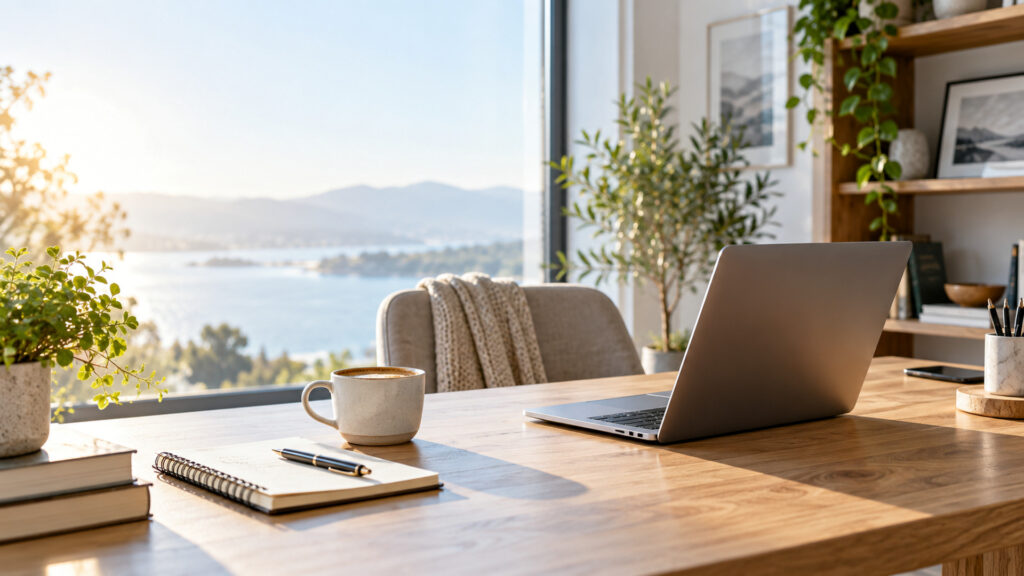 Modern office workspace illustrating organize email attachments downloads, with a laptop and organized desk area.
