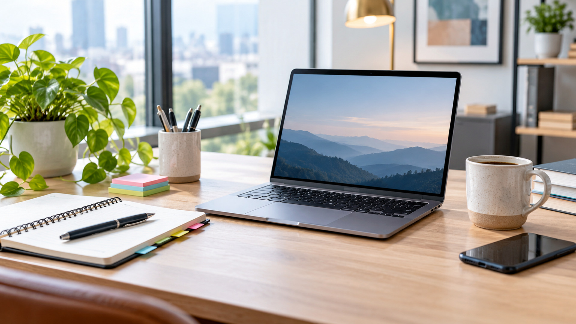 Modern office workspace illustrating retire old business email address, with a laptop and organized desk area.