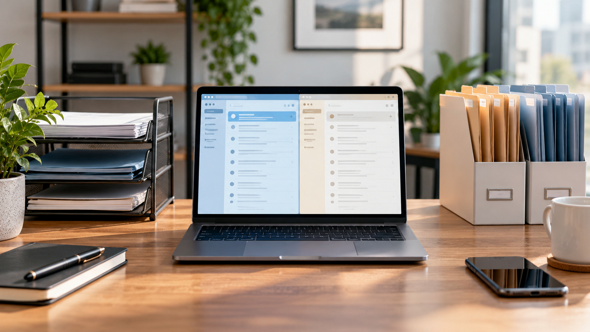 Modern office workspace illustrating email account audit checklist, with a laptop and organized desk area.