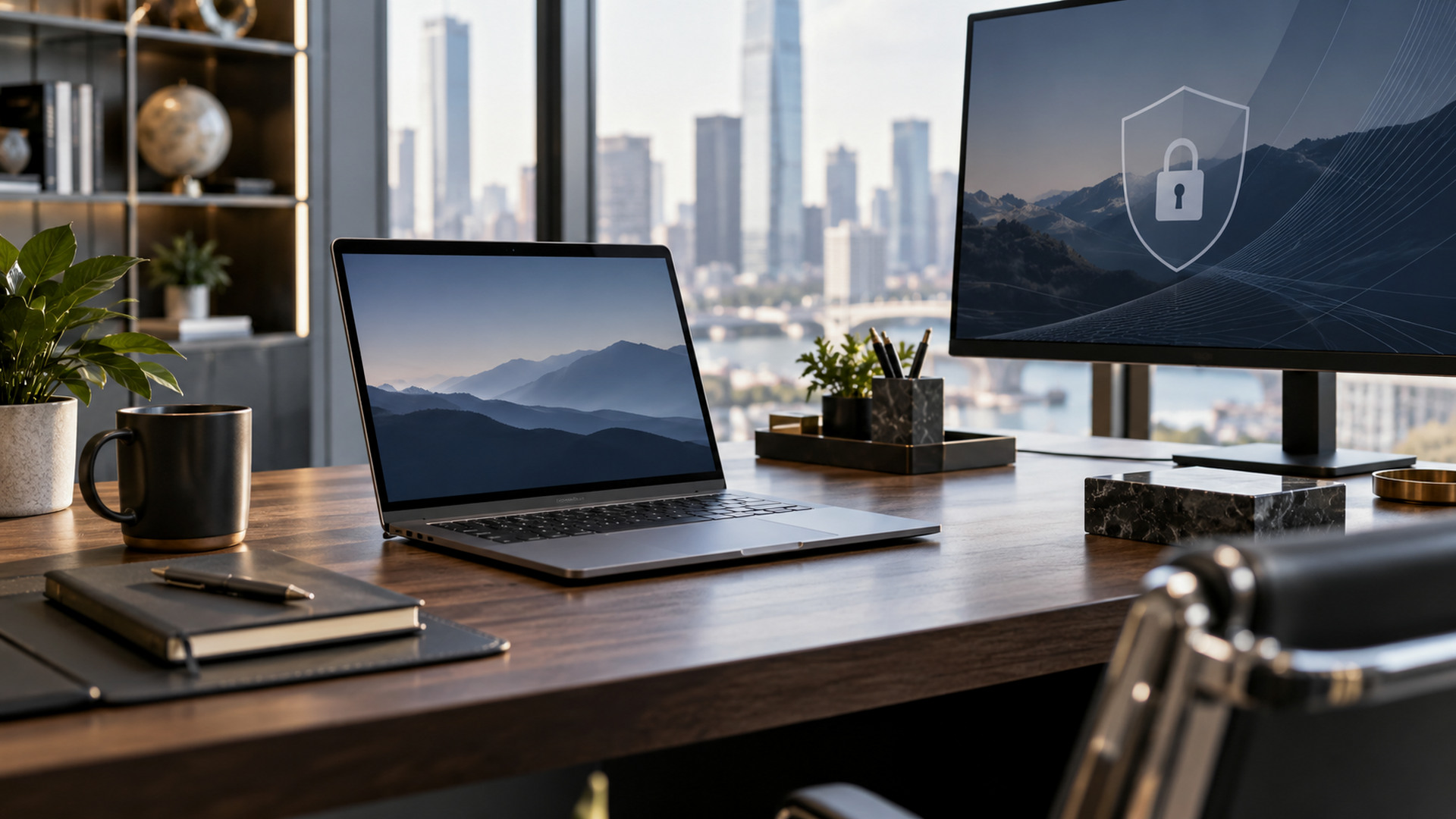 Modern office workspace illustrating personal work nonprofit email windows, with a laptop and organized desk area.