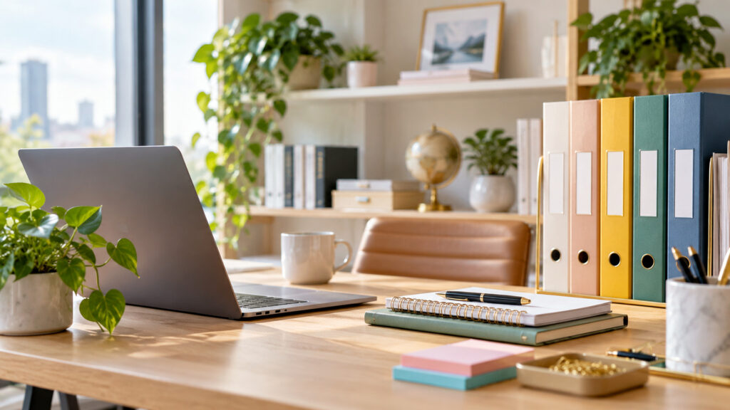 Modern office workspace illustrating multi-account email app security checklist, with a laptop and organized desk area.