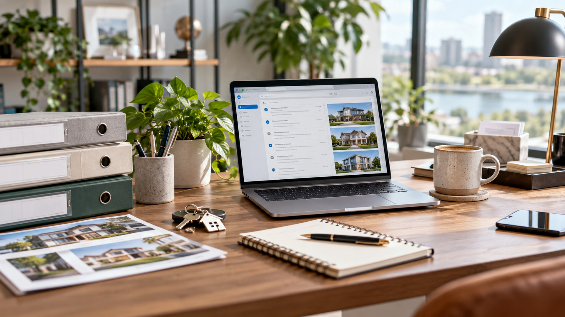 Modern office workspace illustrating accountant email organization, with a laptop and organized desk area.