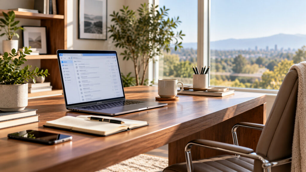 Modern office workspace illustrating remote team email responsibilities, with a laptop and organized desk area.