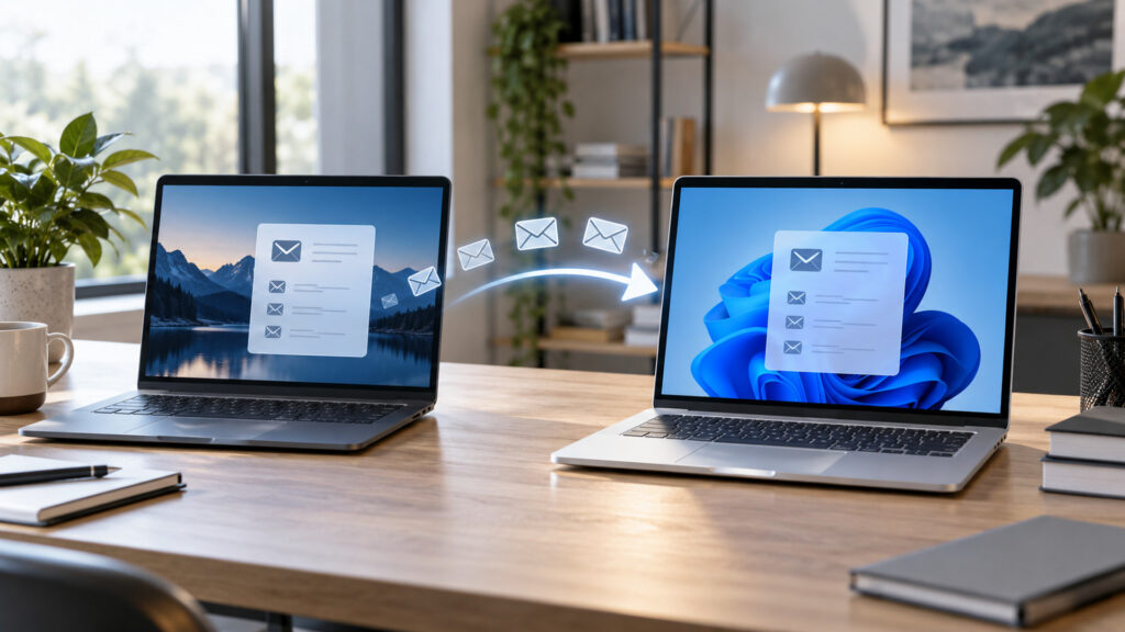 Modern office workspace illustrating mfa prompts multiple email accounts, with a laptop and organized desk area.