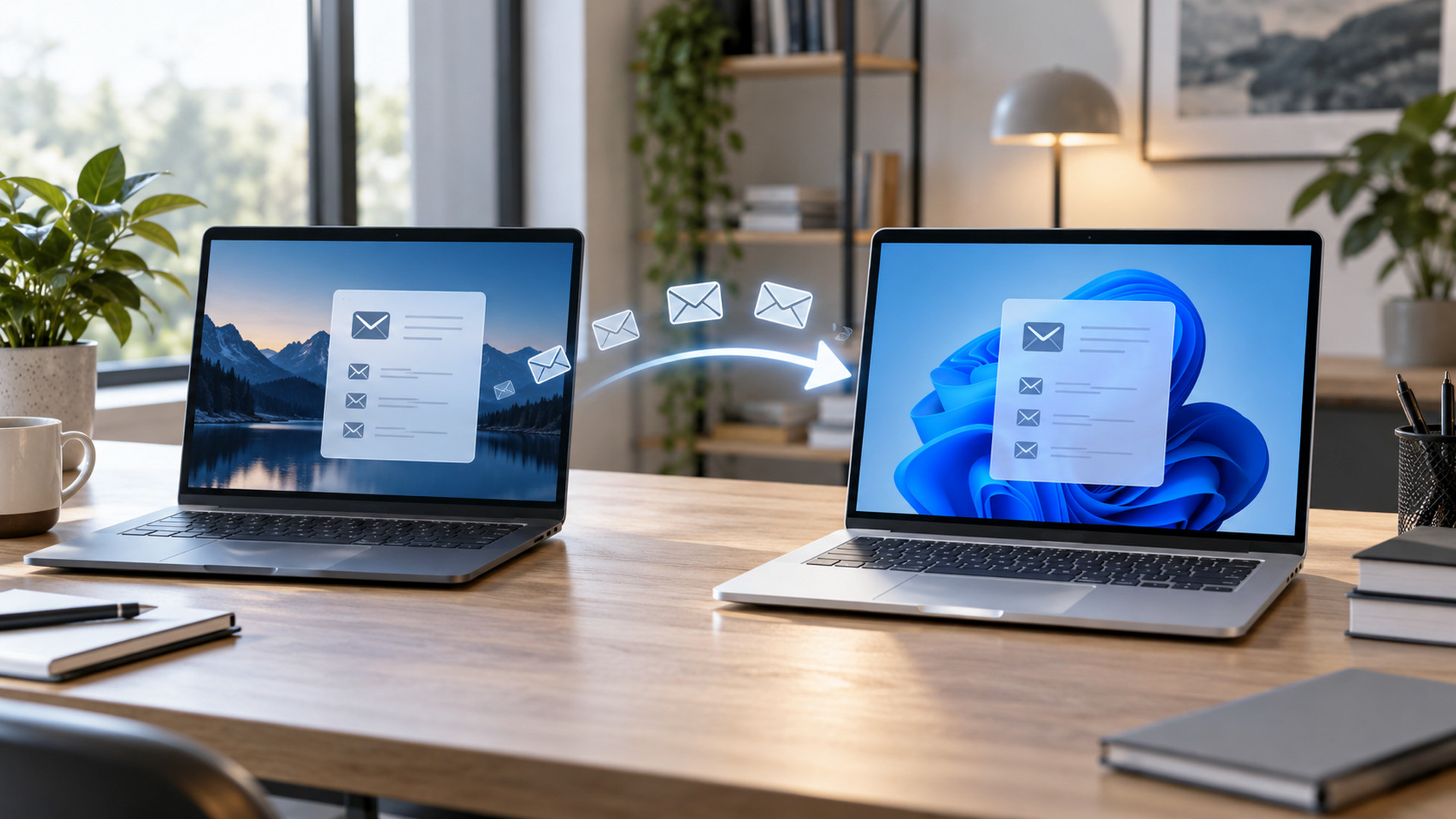 Modern office workspace illustrating mfa prompts multiple email accounts, with a laptop and organized desk area.