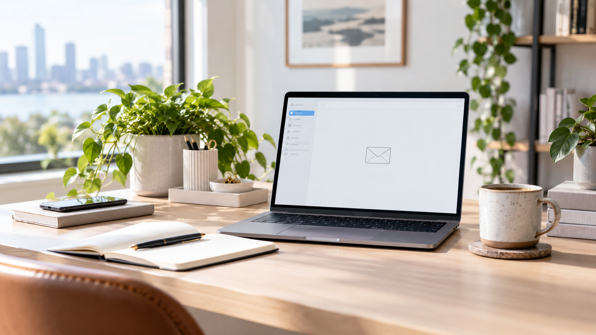 Modern office workspace illustrating reply-to address multiple brands, with a laptop and organized desk area.