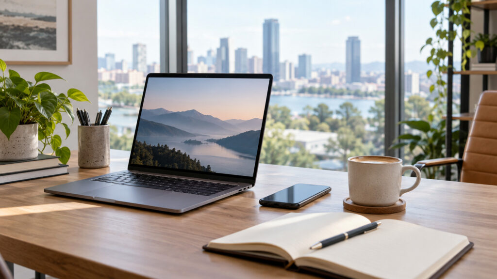 Modern office workspace illustrating email response time expectations, with a laptop and organized desk area.