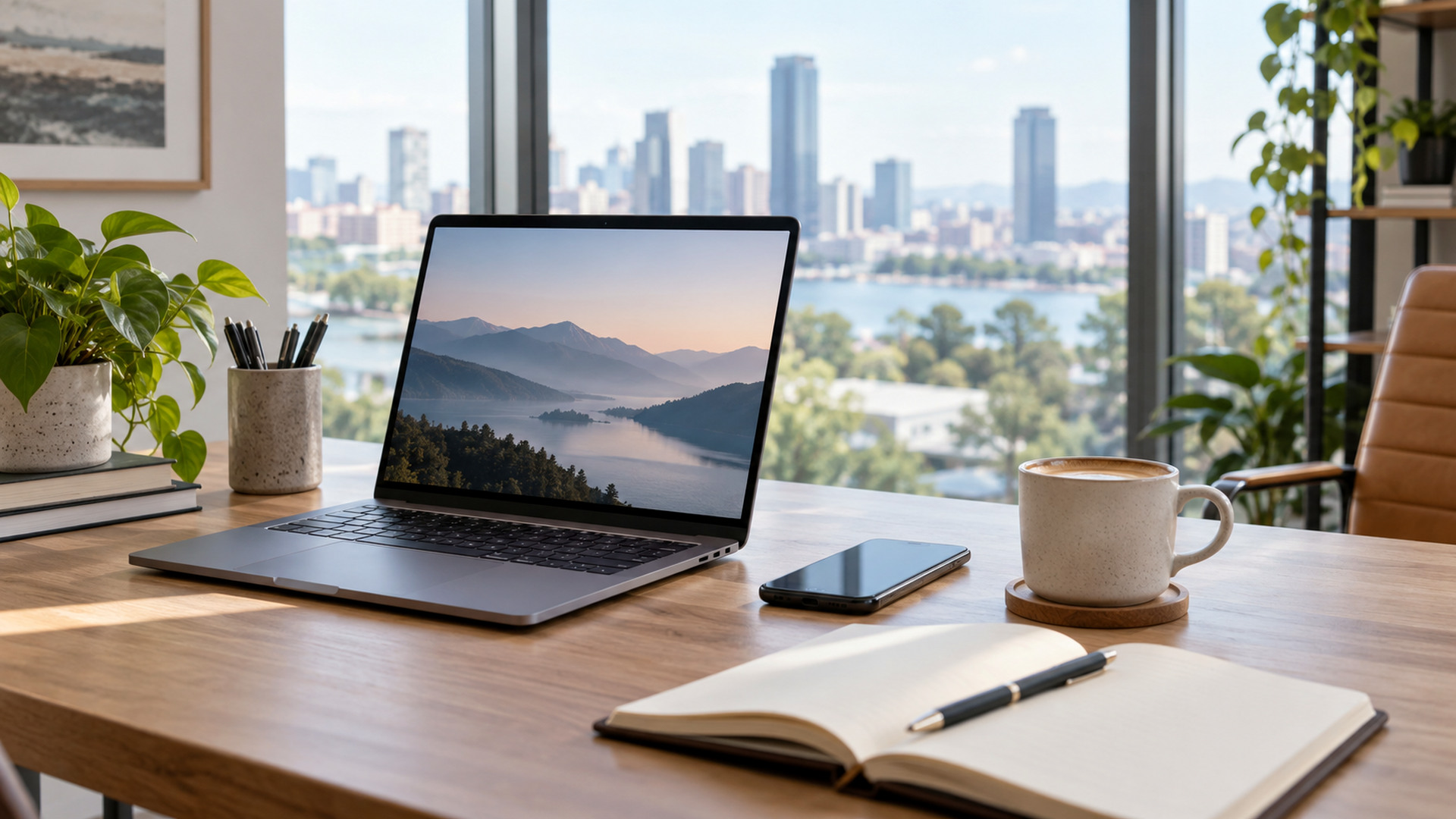 Modern office workspace illustrating email response time expectations, with a laptop and organized desk area.
