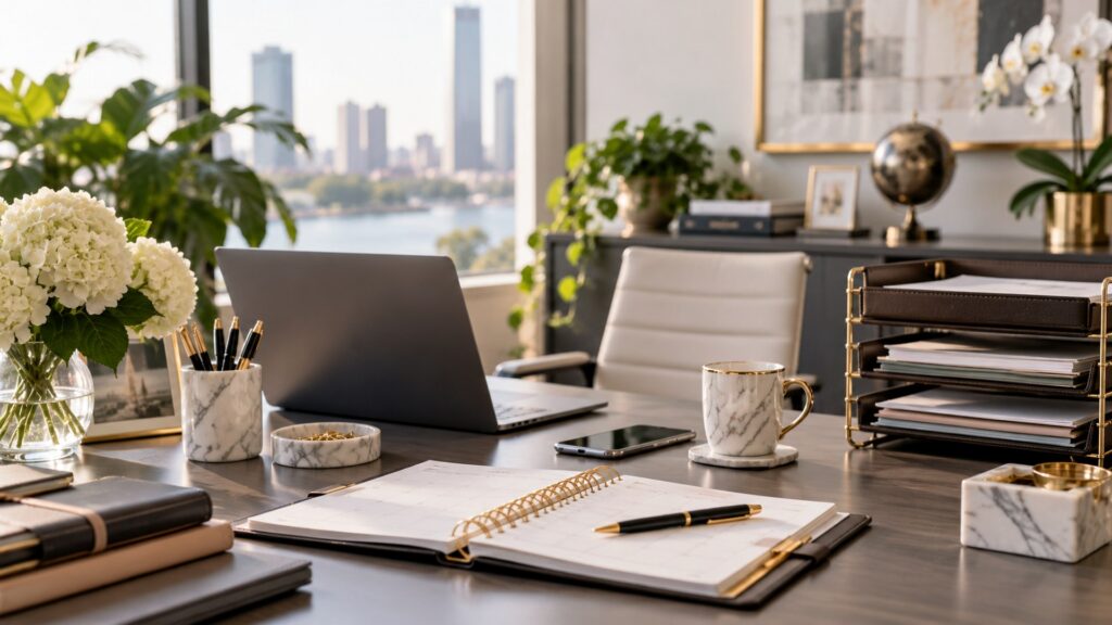 Illustrative professional accounting office desk with laptop, planner, files and warm light.
