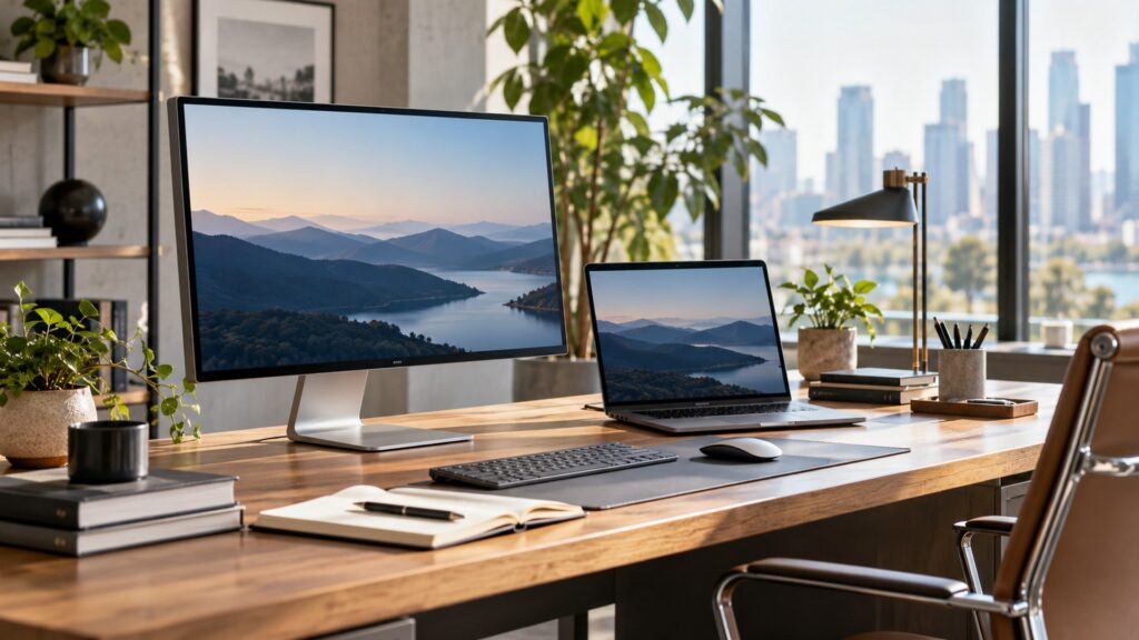 Illustrative construction office with workspace monitor, plans and bright desk.