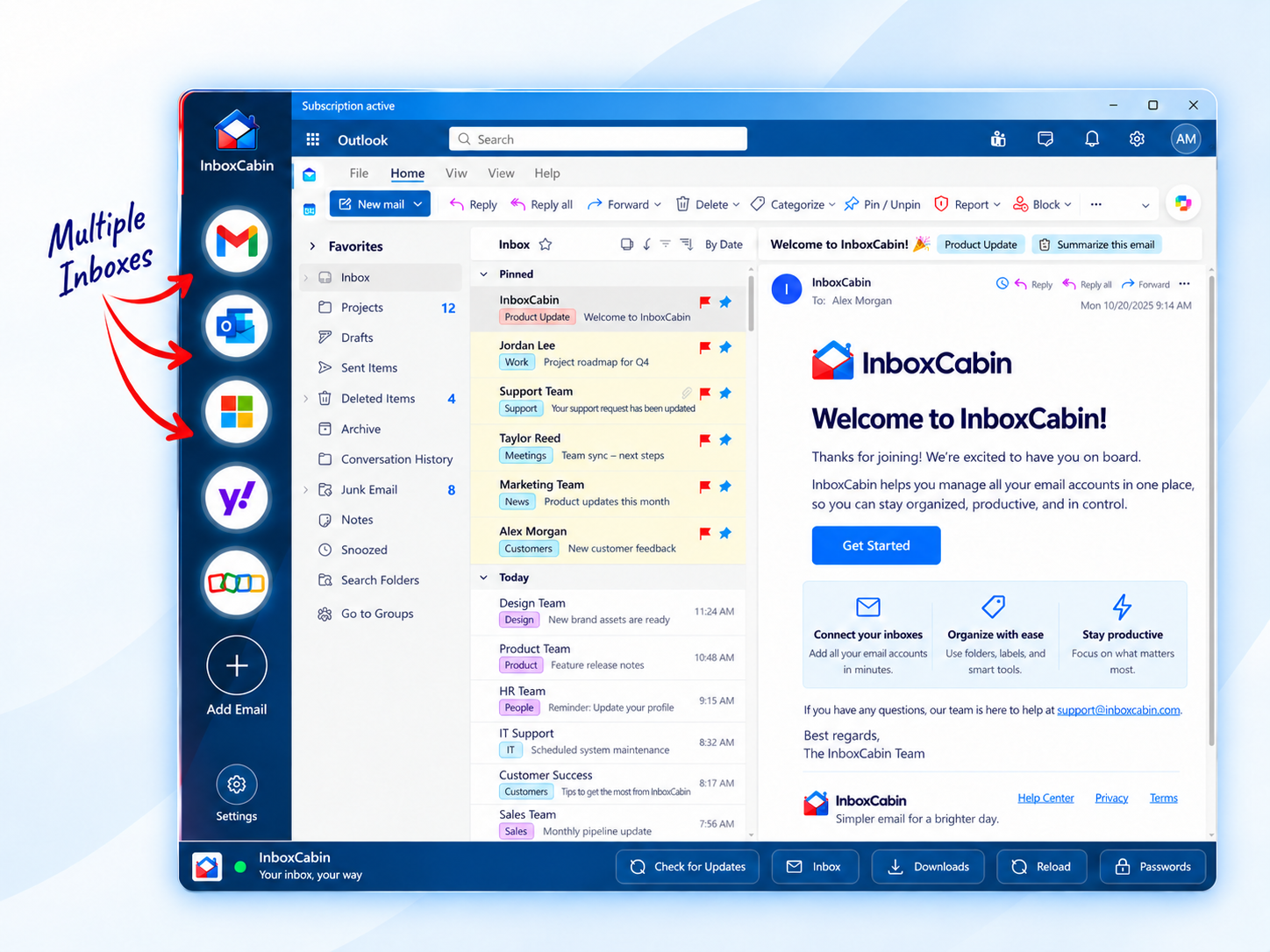 InboxCabin desktop workspace with Gmail, Outlook, Microsoft, Yahoo and Zoho mailbox icons