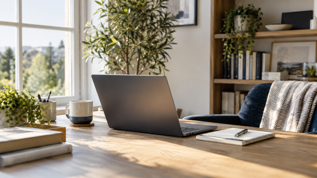 Laptop and notebook on a sunlit home office desk