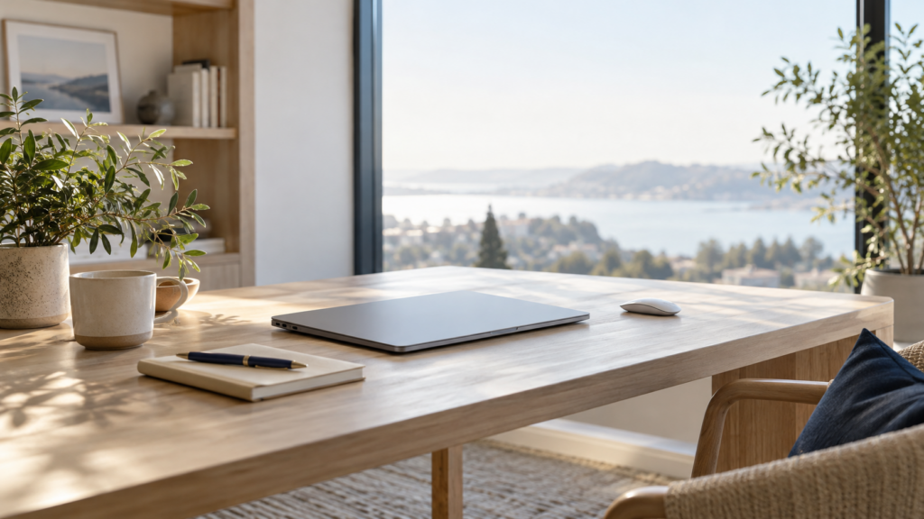 Minimal office desk with a closed laptop beside a bright window