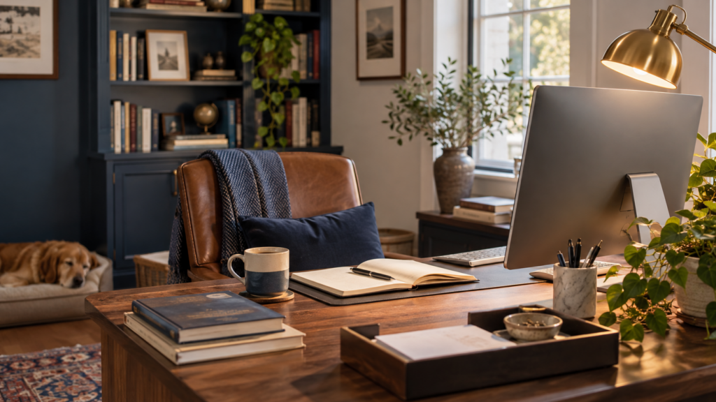 Traditional home office with a wooden desk and reading lamp