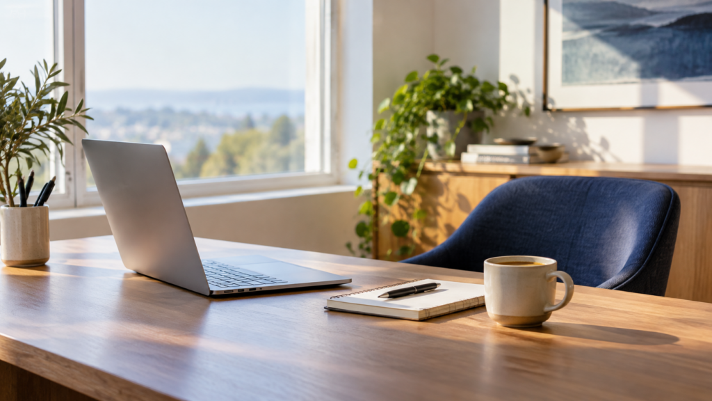 Simple modern workspace with a laptop and blue chair