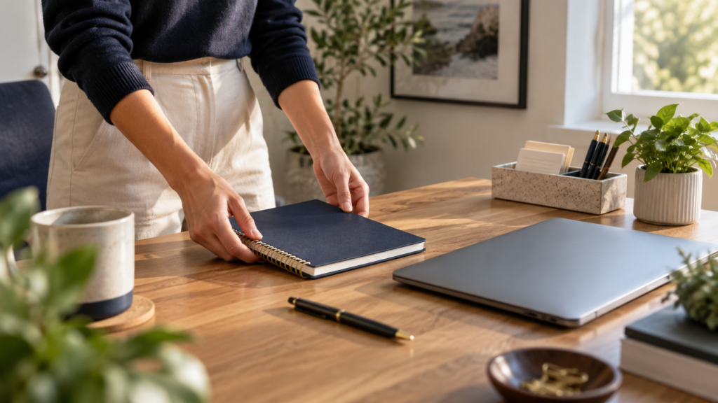 A person organizing a notebook beside a laptop on an office desk