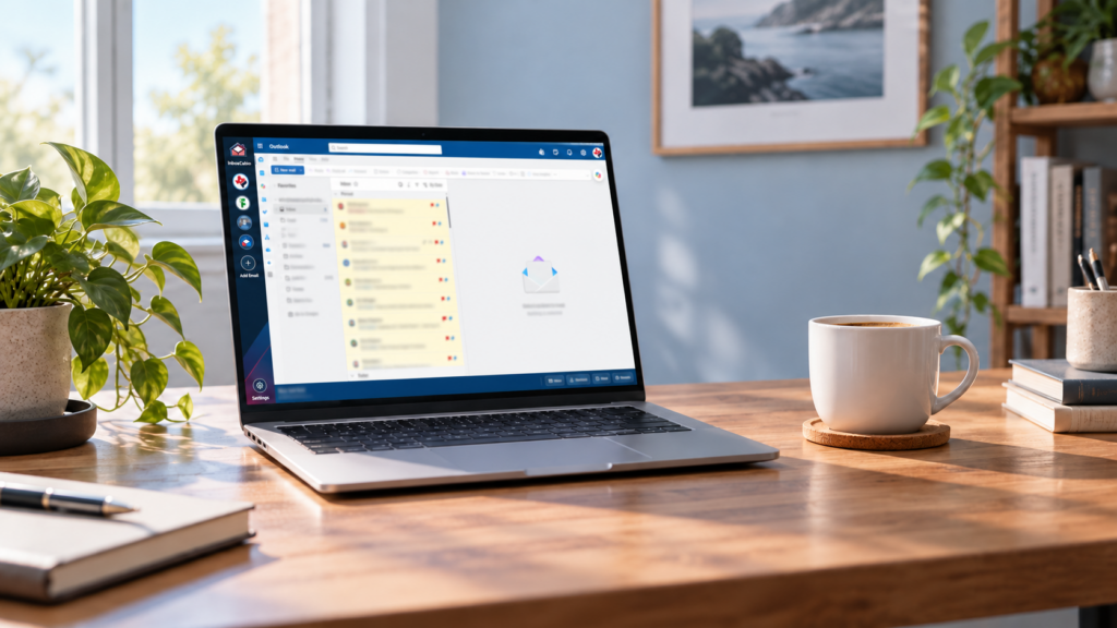 InboxCabin running with Outlook on a laptop, with private email details blurred