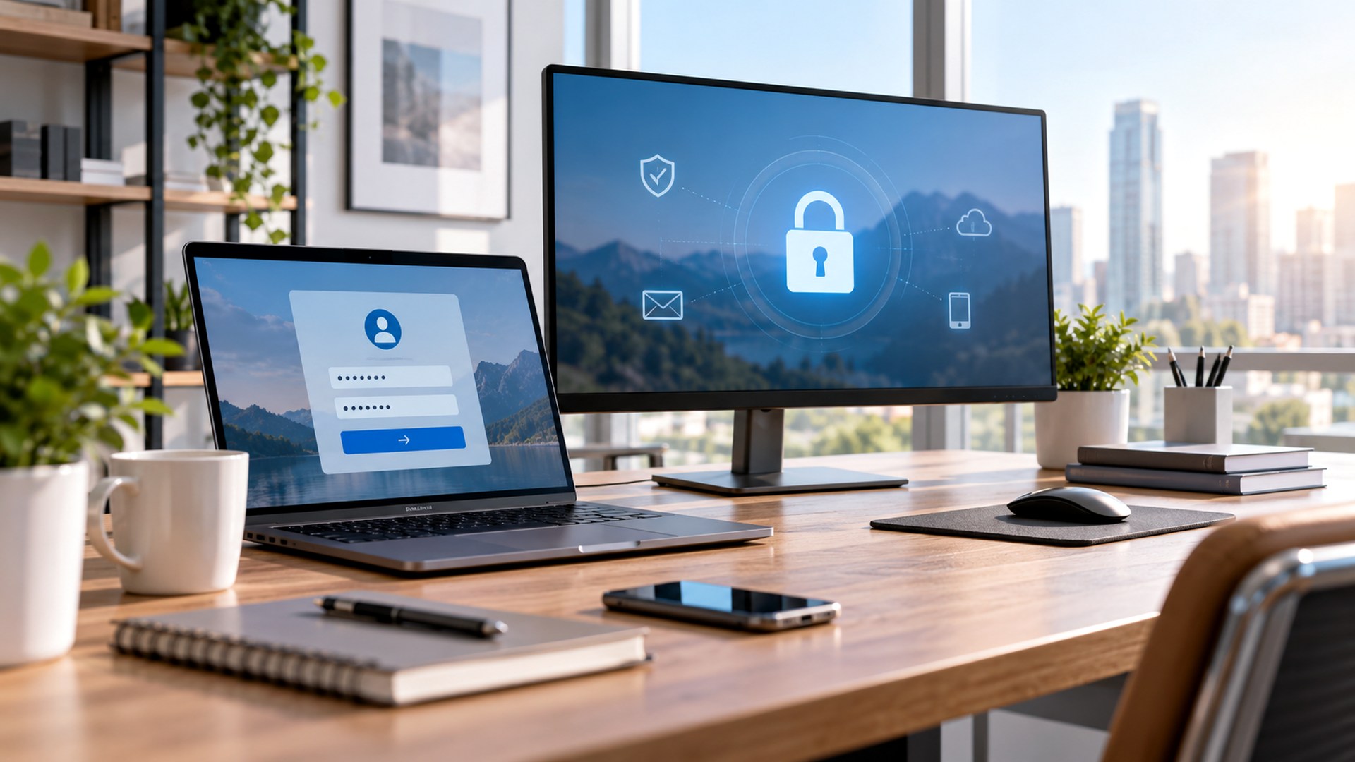 Illustrative IT office desk with monitor, security-themed graphic and laptop.