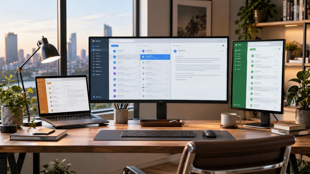 Illustrative marketing agency workstation with large monitors, email windows and city skyline.