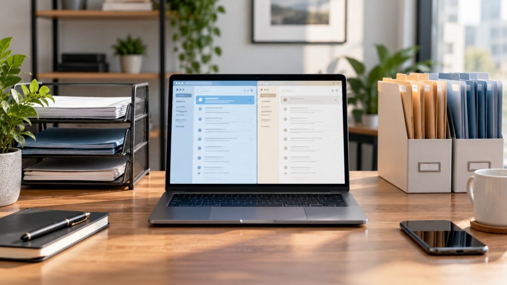 Illustrative property management desk with laptop, organized files and bright interior light.