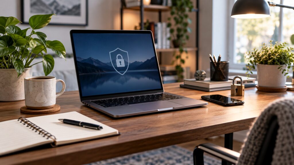 Illustrative professional law-office desk with laptop and clean document organization.