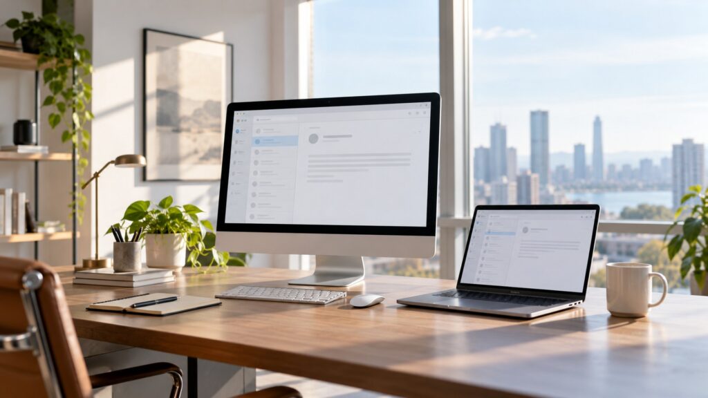 Illustrative virtual assistant home office with laptop, desktop monitor and planner.